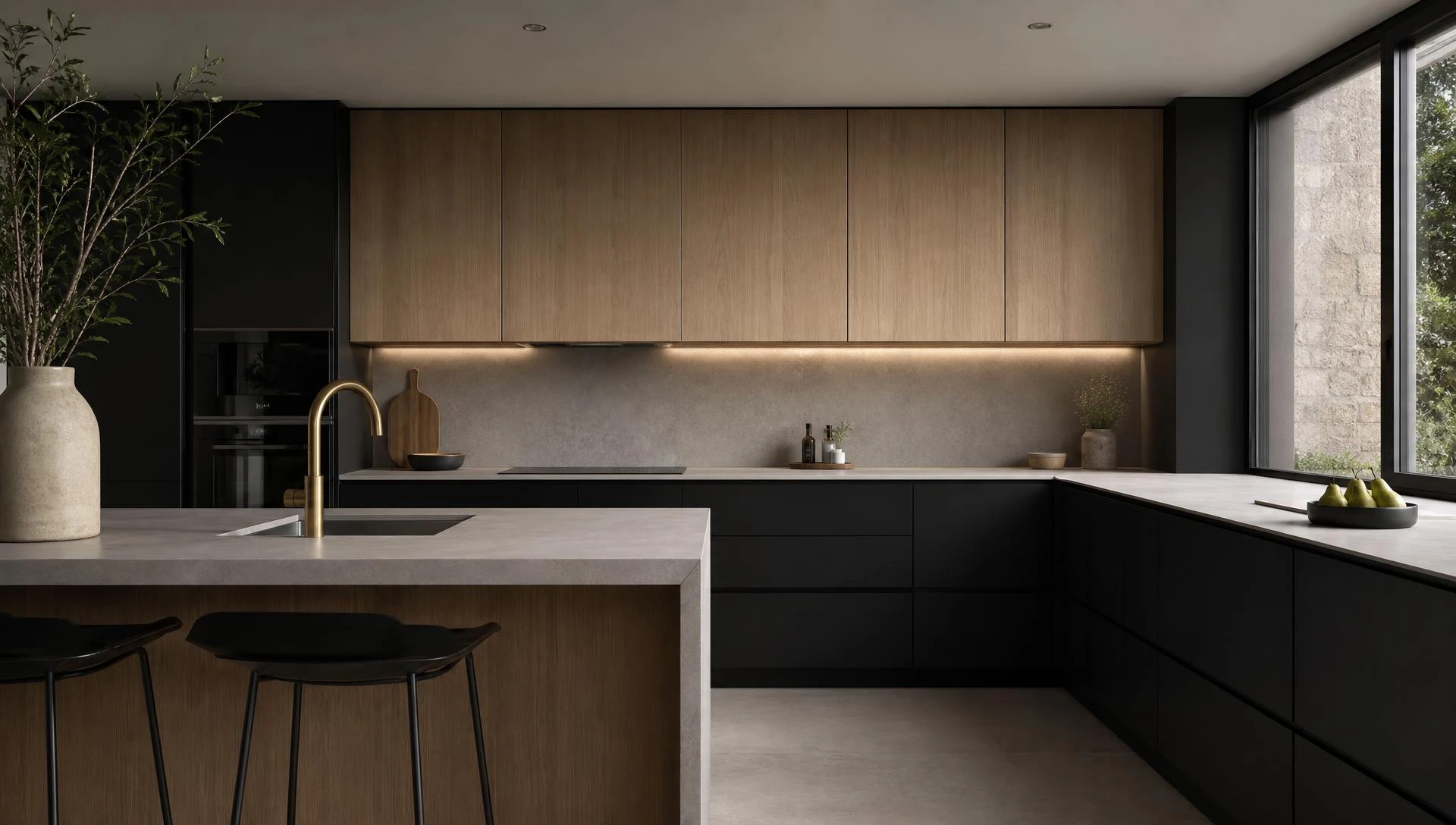 Refurbished kitchen with sage-green cabinetry, fluted timber island, stone tops and black tapware
